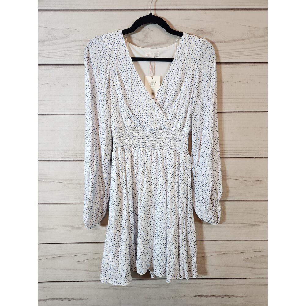 GB Women's White Blue‎ Polka Dot Smocked Long Sleeve V-Neck Mini Dress Small NWT